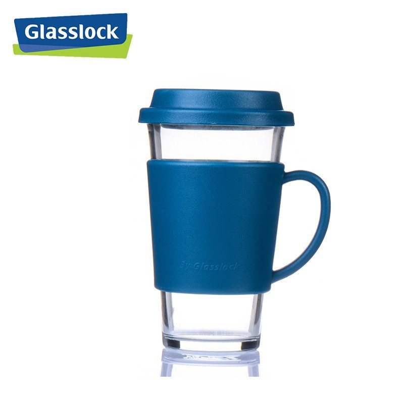 三光云彩Glasslock带盖钢化耐热玻璃水杯含隔热套380ml RC107 深蓝