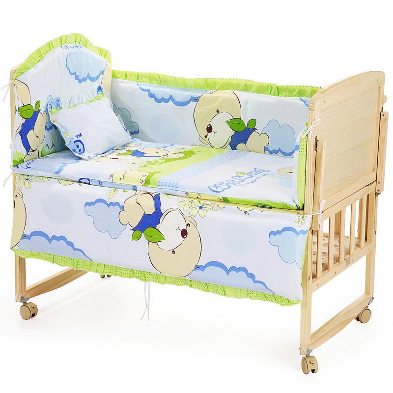贝乐乐婴儿床实木无漆婴儿床好孩子必备童床宝宝床摇篮木床加飞天小熊五件套