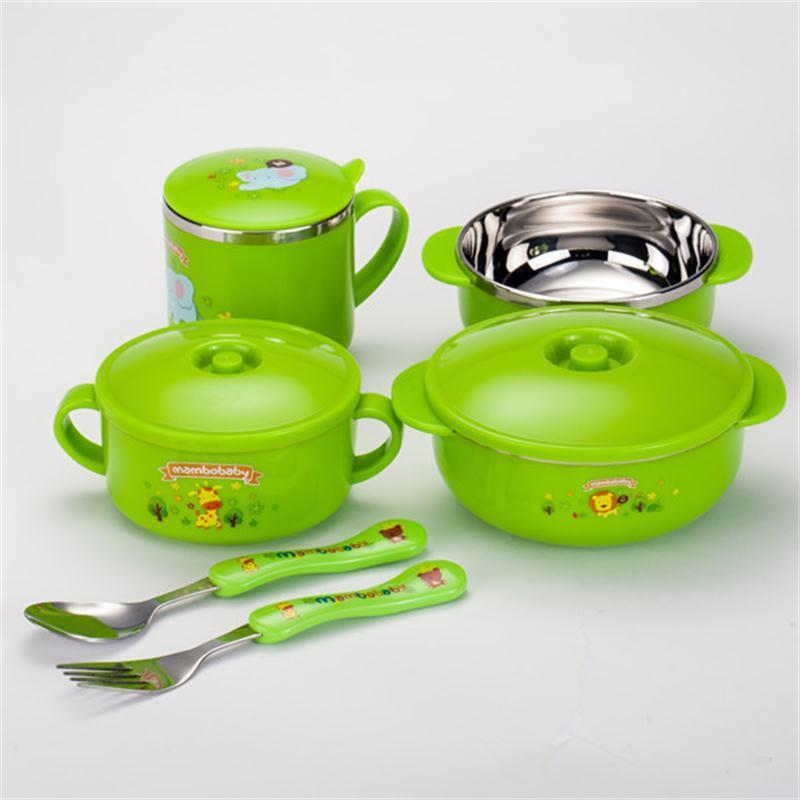 蔓葆儿童餐具不锈钢碗 婴儿双耳碗 宝宝碗保温碗勺子饭叉六件套(绿色)