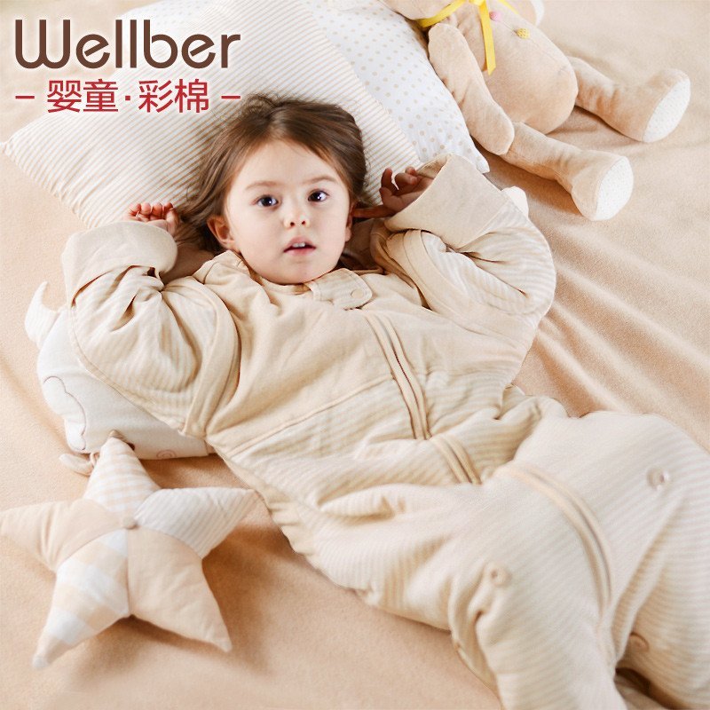 威尔贝鲁 婴儿睡袋春秋款 宝宝睡袋 儿童防踢被 加厚棉 90cm