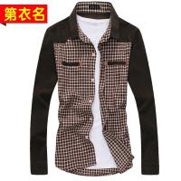 第衣名旗舰店男士长袖<em>格子</em>条纹拼接<em>衬衫</em>绿<em>咖啡</em>