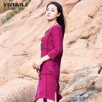 VIVIWILL 2015秋季新品长袖亚麻连衣裙圆领休