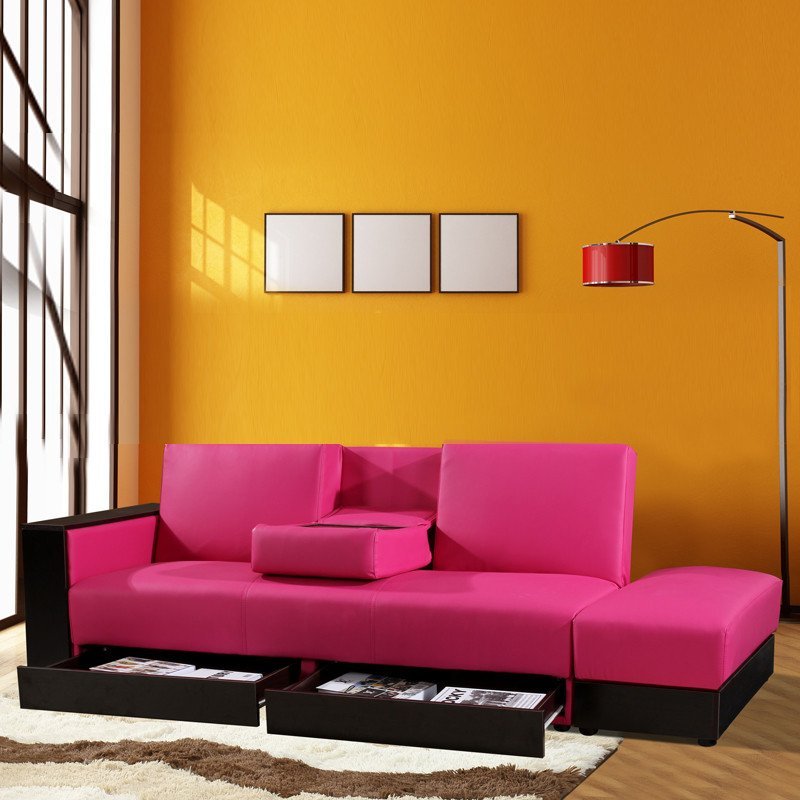 奥古拉 日式简约时尚多功能小户型沙发床 折叠沙发床 双人皮艺沙发床组合 客厅两用沙发 225PU PU皮-玫红色