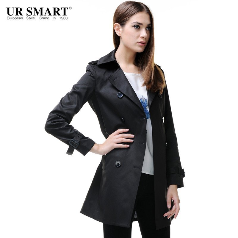 ursmart秋冬新款双排扣女士风衣中长款黑色女风衣外套 黑色 xl高清