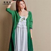 2015新款文艺风宽松外披棉皱<em>圆领</em>七分袖长外