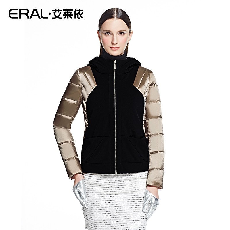 艾莱依2015冬装新款修身显瘦撞色拼接短款 羽绒服外套女ERAL2029D 155/80A/S 燕麦色