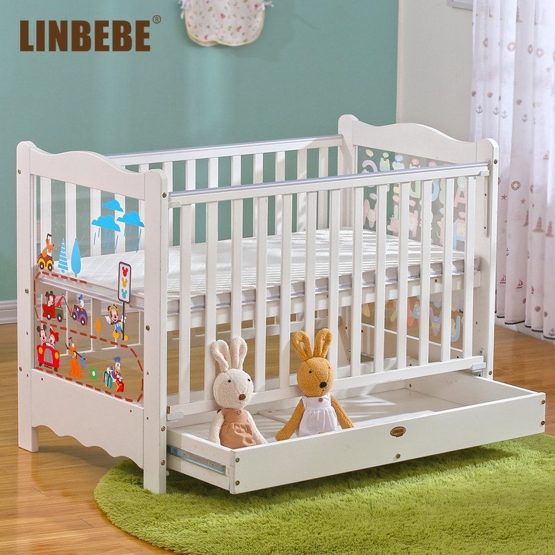 霖贝儿(LINBEBE) 爱贝城堡系列多功能白色婴儿床抽屉双开式储物床高档可变书桌宝宝床高度可调节松木床bb床