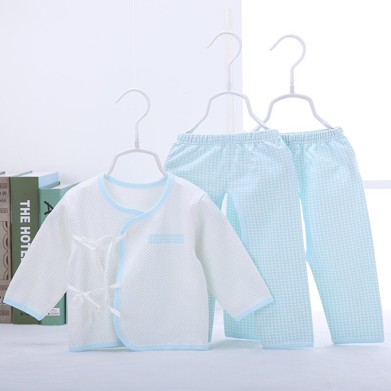 南极人婴儿内衣套装纯棉新生儿衣服春秋儿童春装宝宝0-3个月系带2件套 雨点格粉蓝 59cm