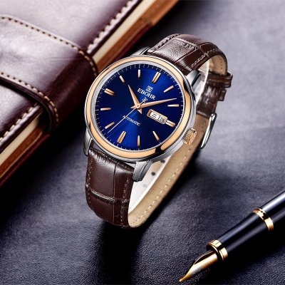 依波表(ebohr)男士机械表都市经典系列蓝面玫瑰金色圈皮带男士手表