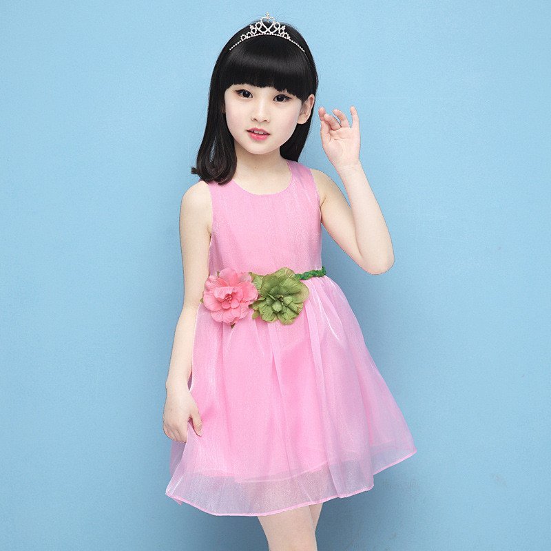 童装女童连衣裙子夏装2016新款 儿童大童女孩花朵公主裙 120cm 粉红色