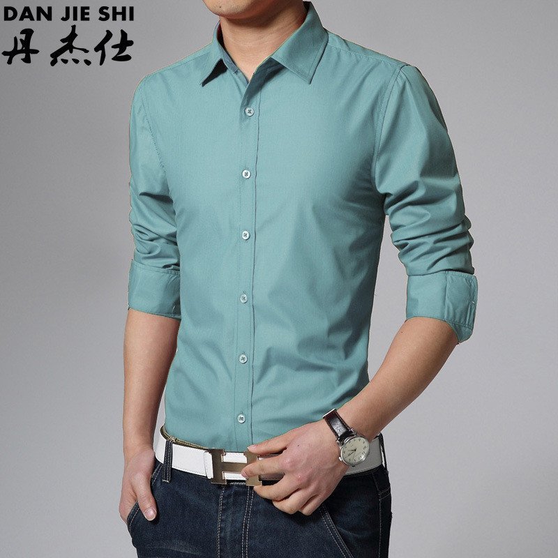 长袖衬衫商务弹力丝光棉免烫韩版修身夏纯色衬衣男22014889m m 灰绿色
