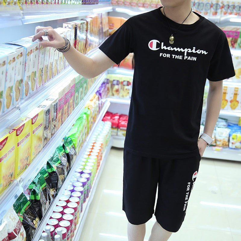 情娇婷2016新款潮男休闲运动套装短袖t恤五分裤t8125# xl 白色(白衣黑