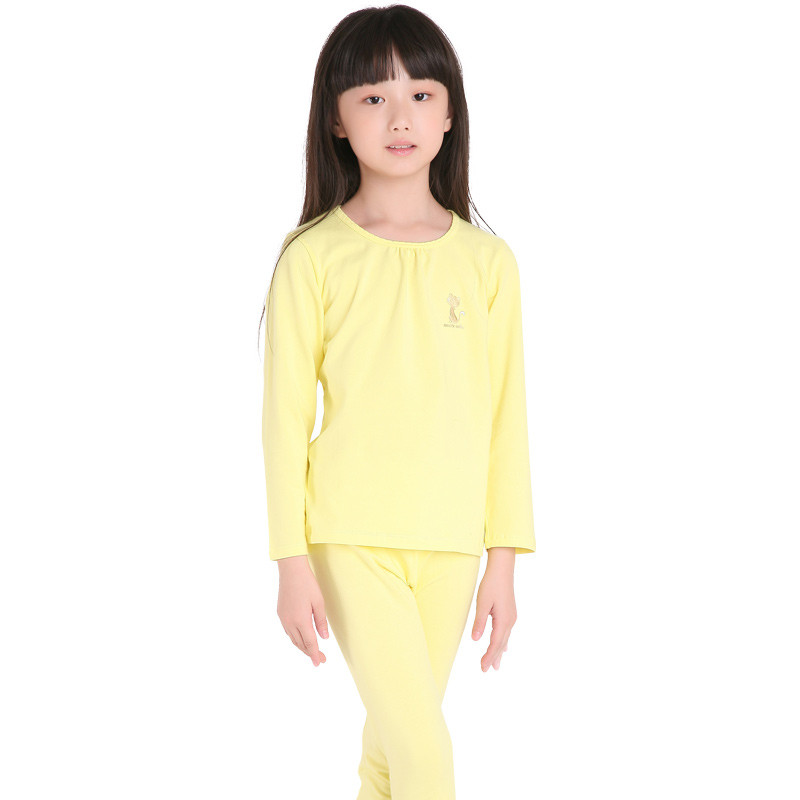 猫人儿童 女童纯棉莱卡套服女孩保暖家居服套装KU247003 150cm 嫩黄