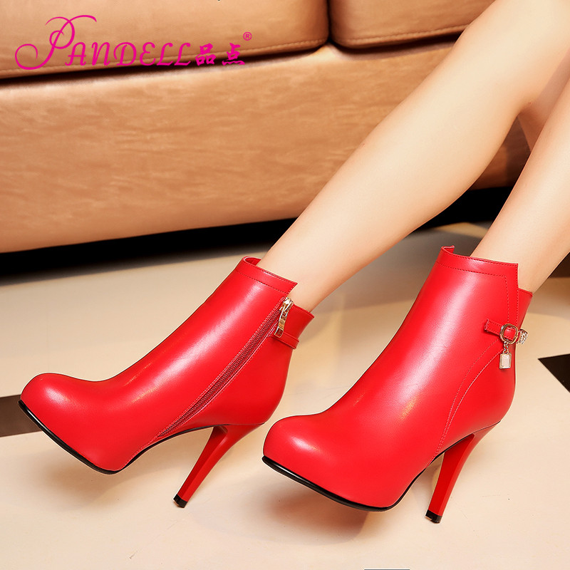 品点欧美版新款高跟圆头短靴时尚优雅马丁靴细跟女靴秋冬女鞋 红色 35码