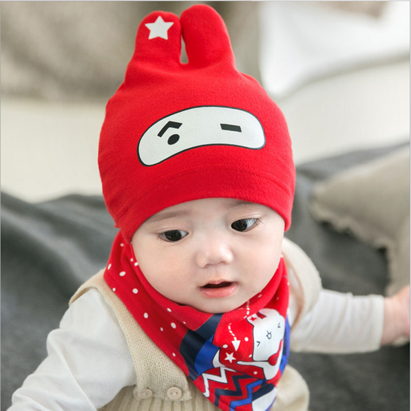 贝迪牛+新生儿胎帽婴儿帽 男女宝宝帽三角巾套装 均码（0-12个月） 红色兔八哥两件套