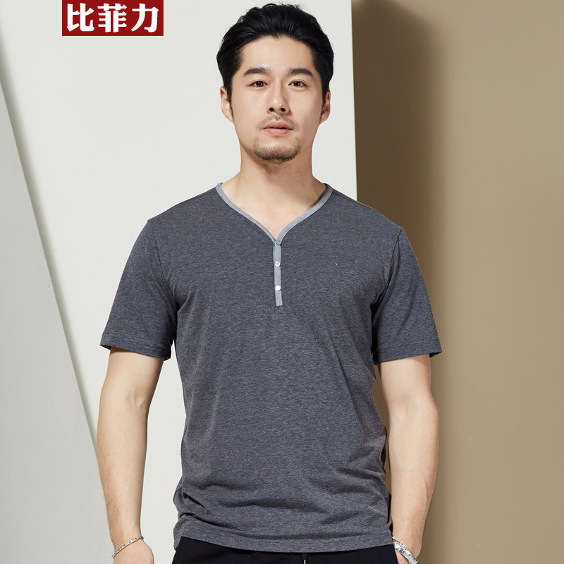 比菲力2017春季新款V领短袖T恤男韩版修身夏季薄款棉 XXL 深灰色