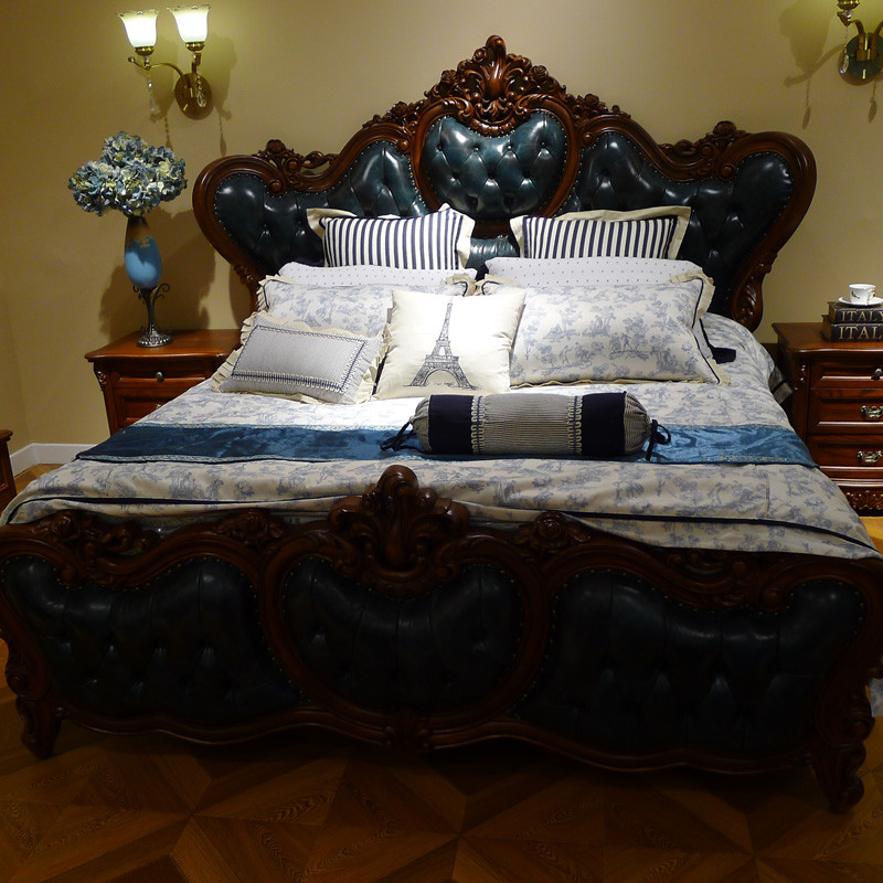 淮木 古典1.8米大床 大户型 欧式双人床 美式头层真皮实木床 双人床