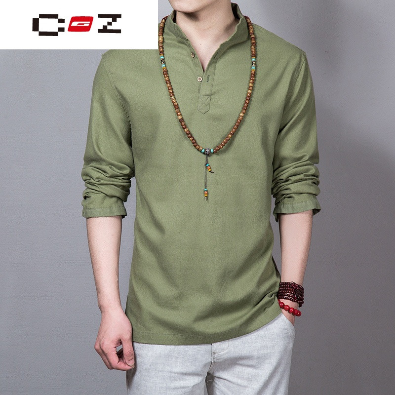 CZ潮流品牌中国风男装春夏复古亚麻短袖衬衫