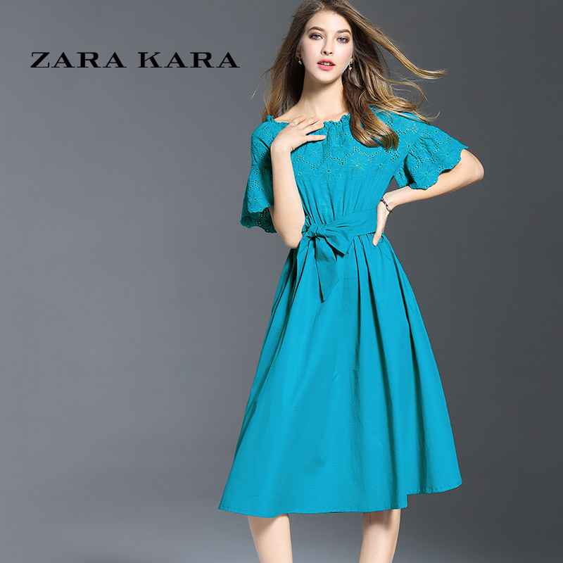 ZARA KARA2017春装新款女时尚细带蕾丝连衣裙收腰性感公主袖一字领裙子 L 蓝色