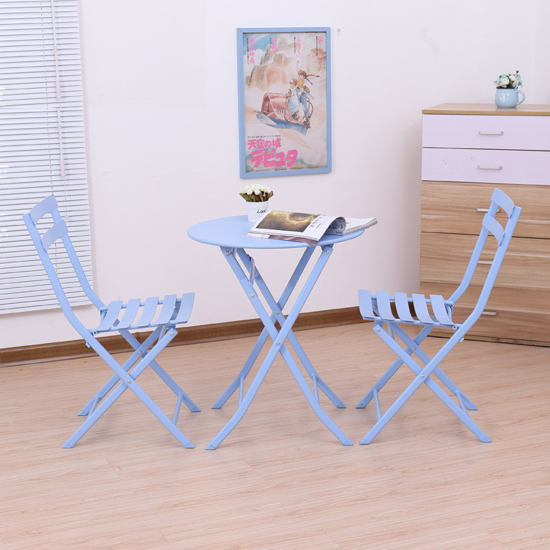 阳台桌椅三件套 铁艺桌椅折叠户外桌椅休闲桌椅露天组合茶几套件 蓝色（一桌两椅）