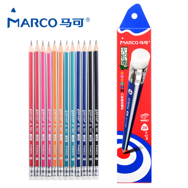 MARCO/马可9001E-2B三角铅笔12支/盒 3盒装 学生带橡皮铅笔素描铅笔 绘图铅笔 画画铅笔 美术赠笔刨