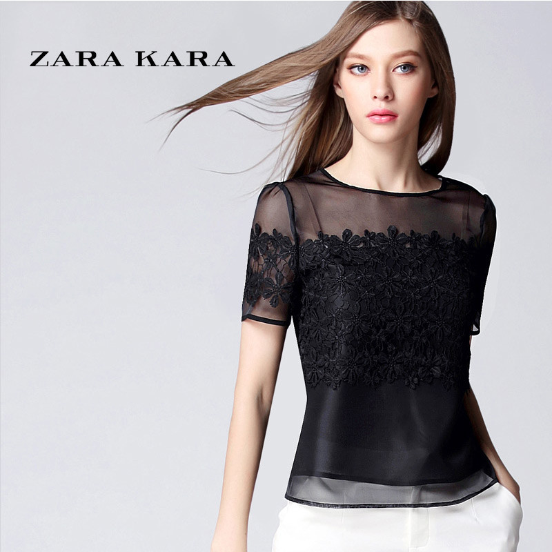 ZARA KARA2017新款女装夏装蕾丝衫短袖 镂空蕾丝雪纺衫网纱修身上衣春夏B XXL 黑色