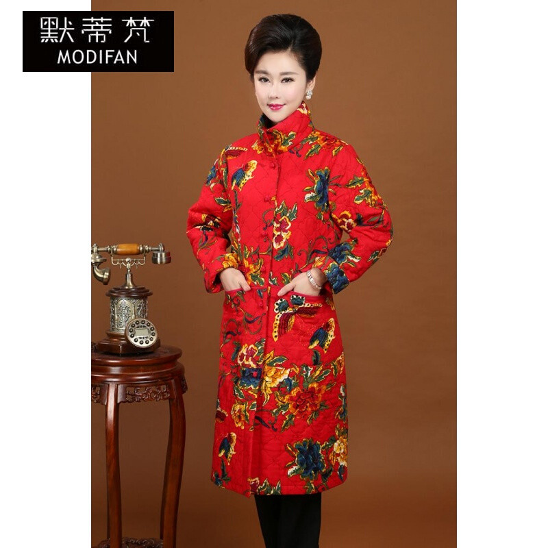 默蒂梵中式民族风唐装棉衣中长款女中国风牡丹