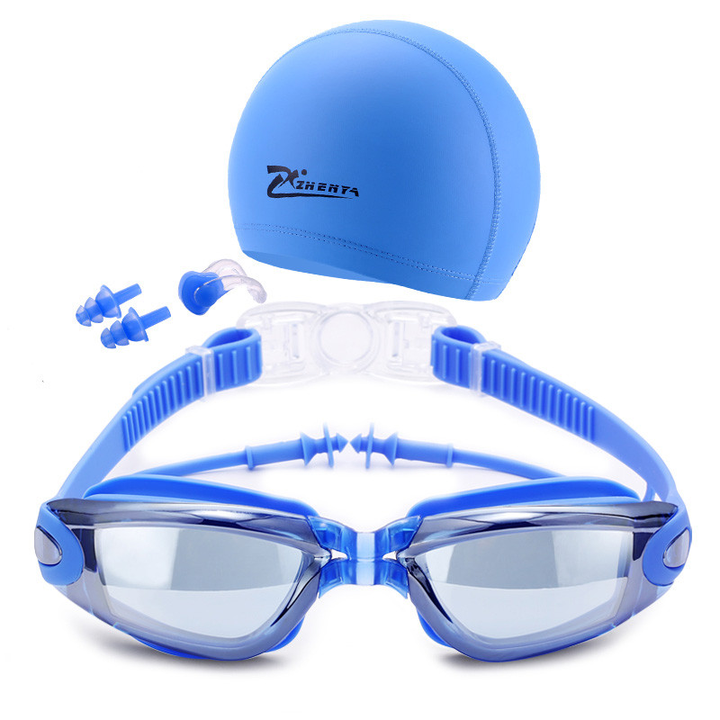 闪电客 泳镜游泳镜高清防雾近视大框度数男女士游泳装备带耳塞 电镀蓝三件套