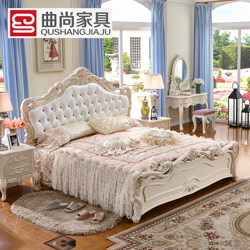 曲尚（Qushang）床 欧式真皮床 双人床1.8米 1.5米公主床家具 法式床婚床 1.8*2雕花床+天然乳胶床垫+1柜