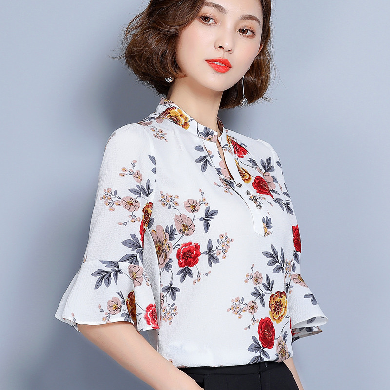 新款上市】2017夏装新款韩版印花衬衫女长袖