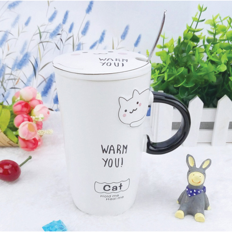 艺锦蓝 创意浮雕猫杯子陶瓷马克杯大容量水杯水具带盖勺情侣喝水杯牛奶咖啡杯 白色