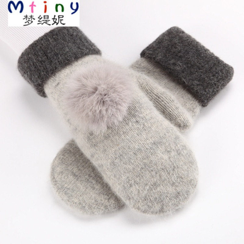 Mtiny2016新品兔毛球手套女冬天学生韩版可爱全指连指羊毛双层加厚保暖 浅灰色