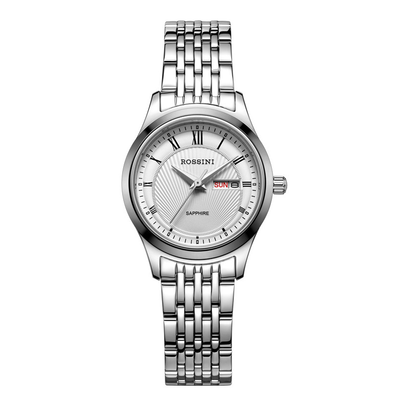 罗西尼（ROSSINI）手表商务简约休闲经典钨钢上套星期日历双历石英表 女士 钢带 女表6574 白色