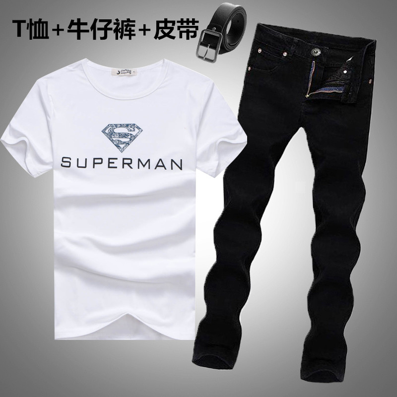 夏季男士韩版牛仔裤男生短袖T恤一套装潮流弹