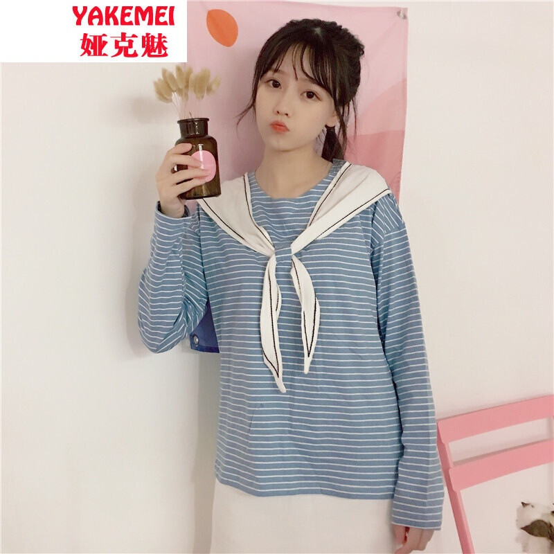 长袖T恤衫2017秋装新款海军风清新可爱宽松学