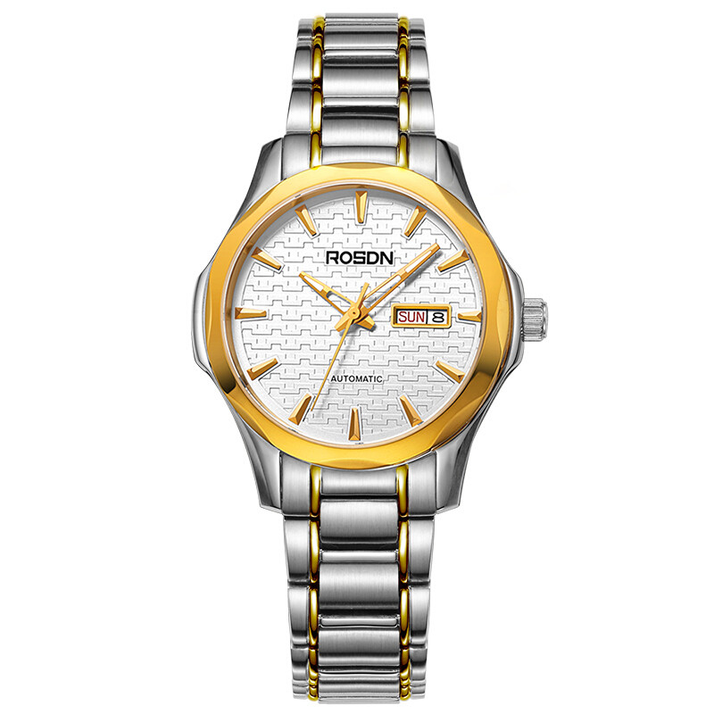 劳士顿(ROSDN)手表钢带防水女士国产品牌自动机械表时尚休闲商务女表2081L 间金白盘