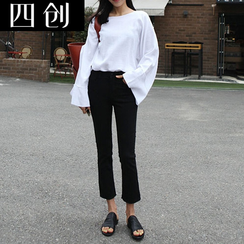 2017春季韩版高腰直筒牛仔裤女宽松九分裤弹