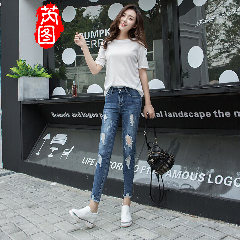 芮图少女学院风高初中破洞九分牛仔裤九修身显