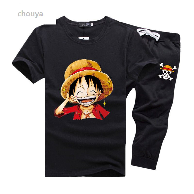 绰娅UYUK海贼王路飞卡通印花半截袖男圆领T
