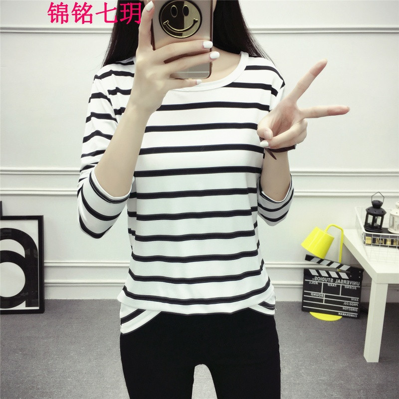 锦铭七玥女装拼多多秋季新款条纹长袖女装T恤