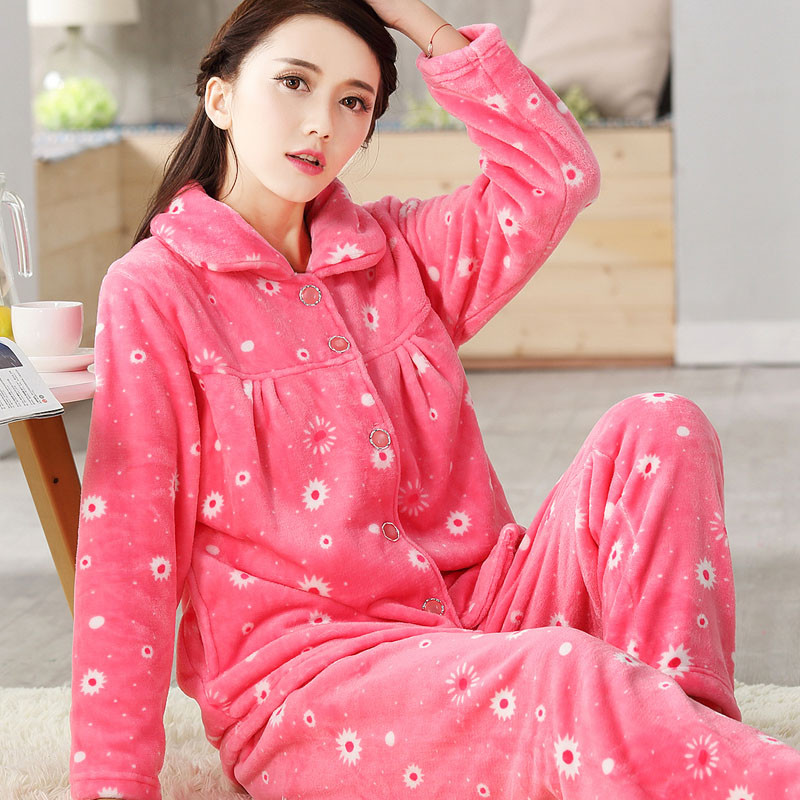 特价珊瑚绒睡衣女春秋长袖加厚韩版法兰绒开衫