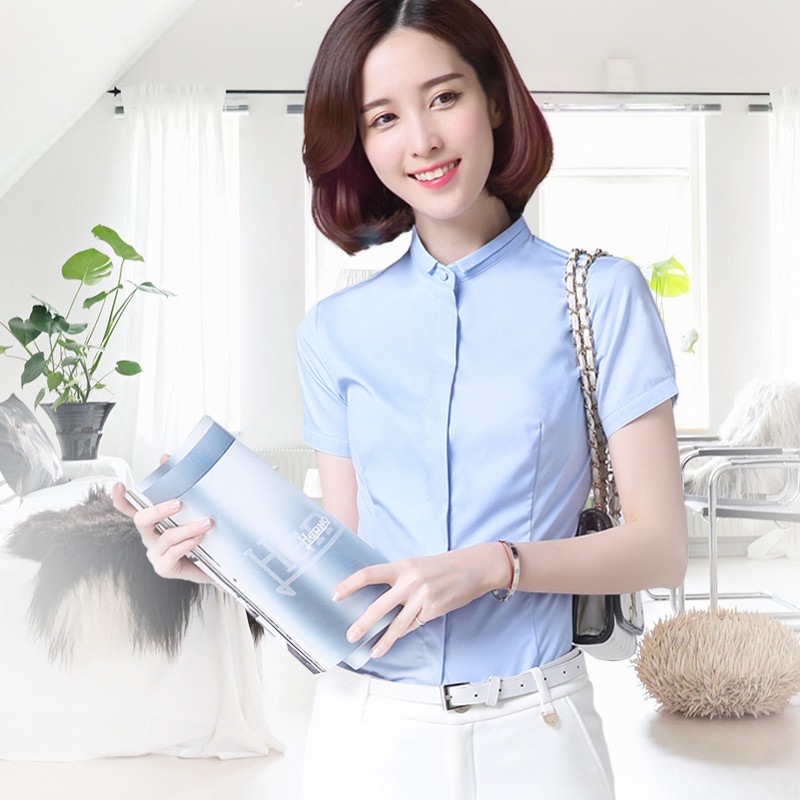 小领立领白衬衫女短袖职业装白色修身韩版工作