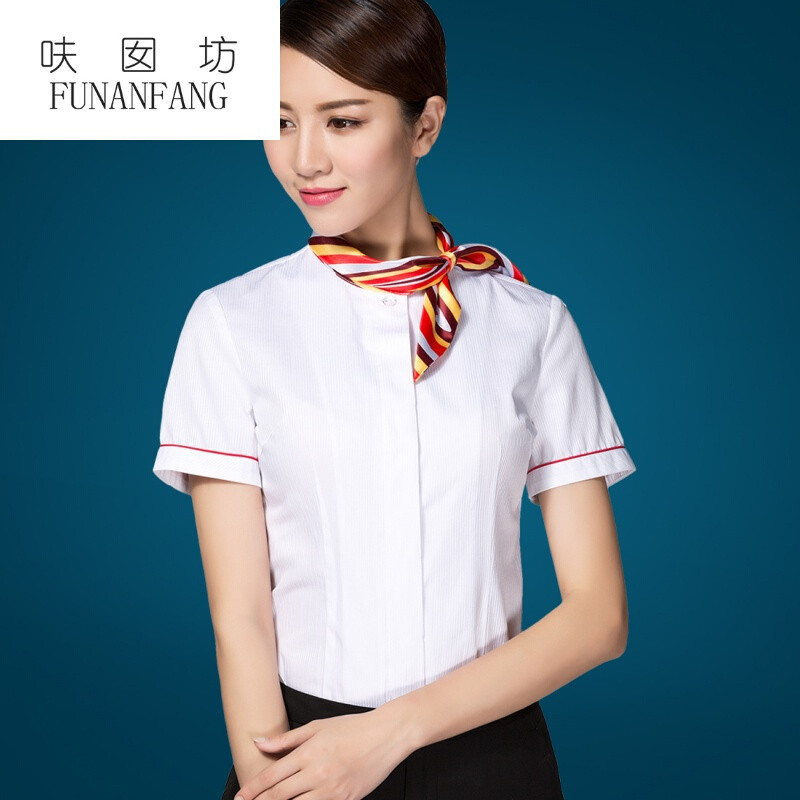呋囡坊空姐衬衫职业套装女短袖白衬衣丝巾领护
