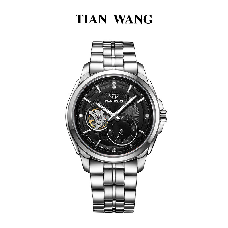天王(TIANWANG)手表 新品镂空自动机械表男士商务休闲大表盘男表51005 黑面钢带