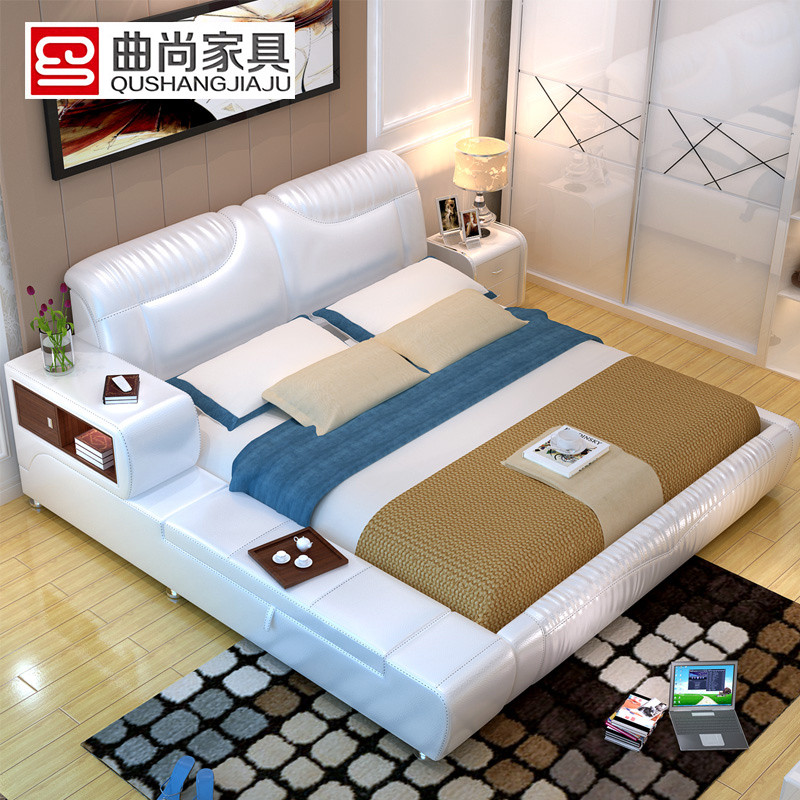 曲尚(Qushang)床 榻榻米床保险柜储物家具简约现代婚床1.8米主卧双人真皮床 榻榻米皮床
