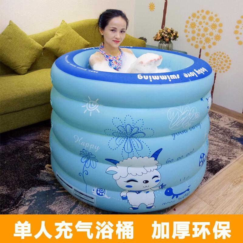 充气浴桶泡澡桶折叠浴缸加厚塑料洗澡桶两用婴儿泳池_1 圆形蓝色电泵套餐