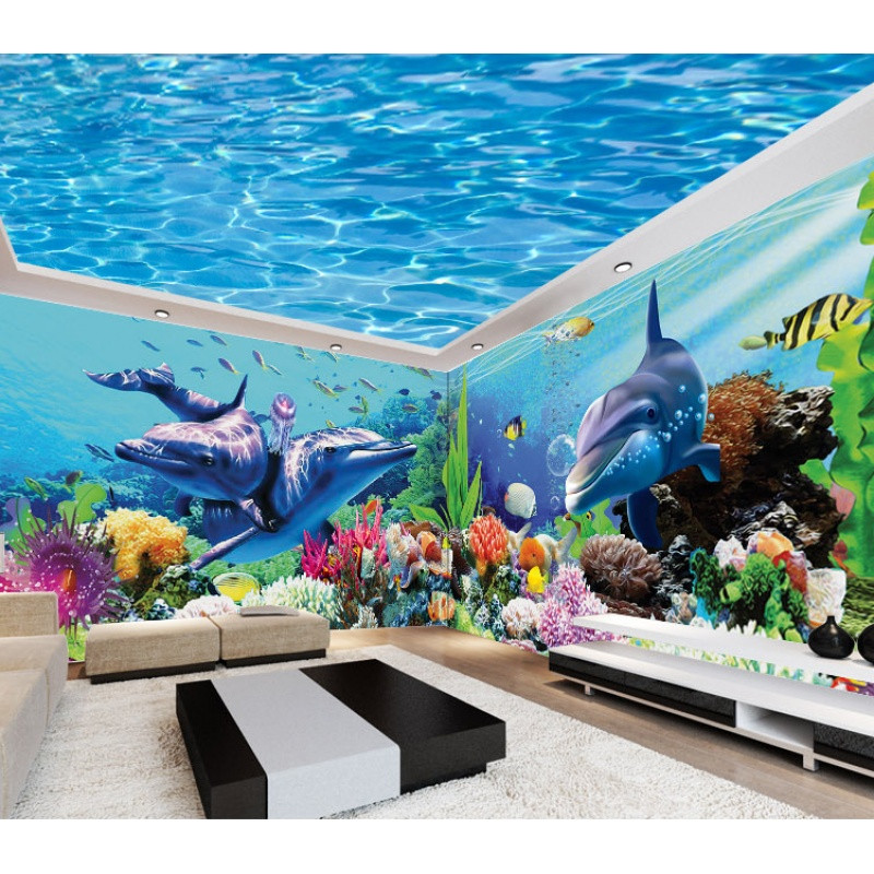 儿童卡通海豚乐园主题背景墙纸卧室大型高档壁纸壁画海洋海底世界_9 高档进口油画布（整幅