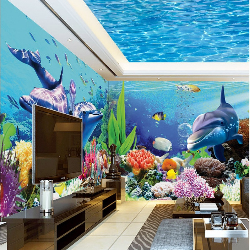 儿童卡通海豚乐园主题背景墙纸卧室大型高档壁纸壁画海洋海底世界_9 拼接油画布