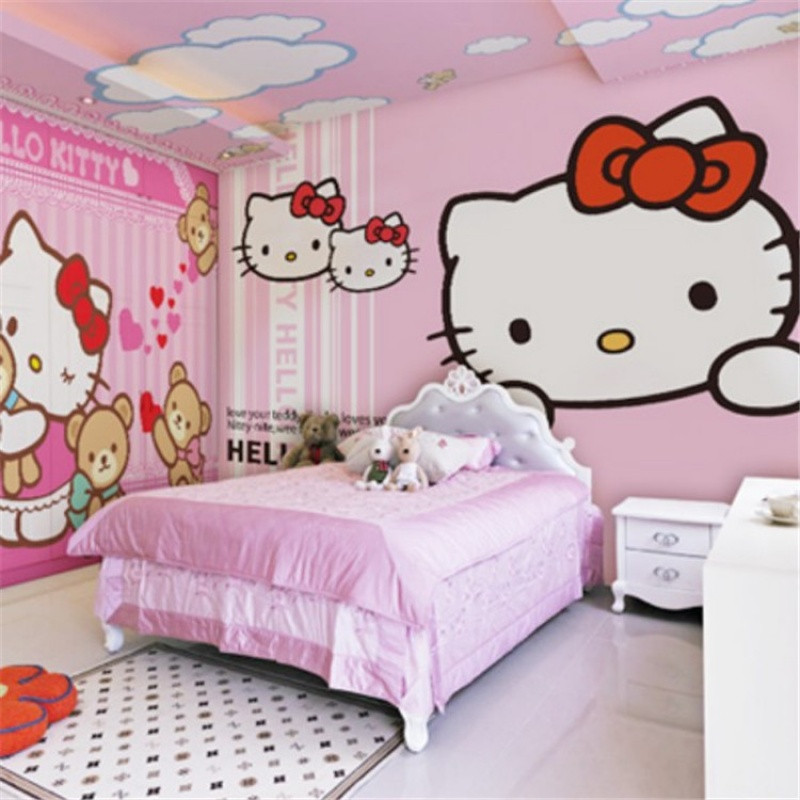 大型壁画电视背景墙卧室粉色公主房壁纸儿童卡通墙纸hellokitty猫_1 拼接宣绒布/每平米