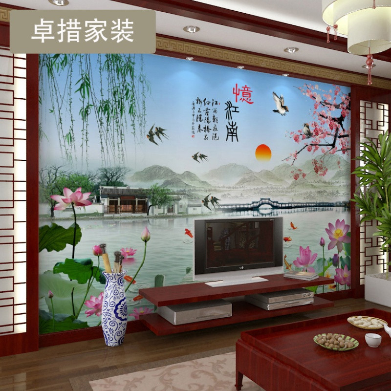 定制大型壁画电视背景墙纸壁纸水墨山水风景如画卧室客厅壁画 环保油画布一平米